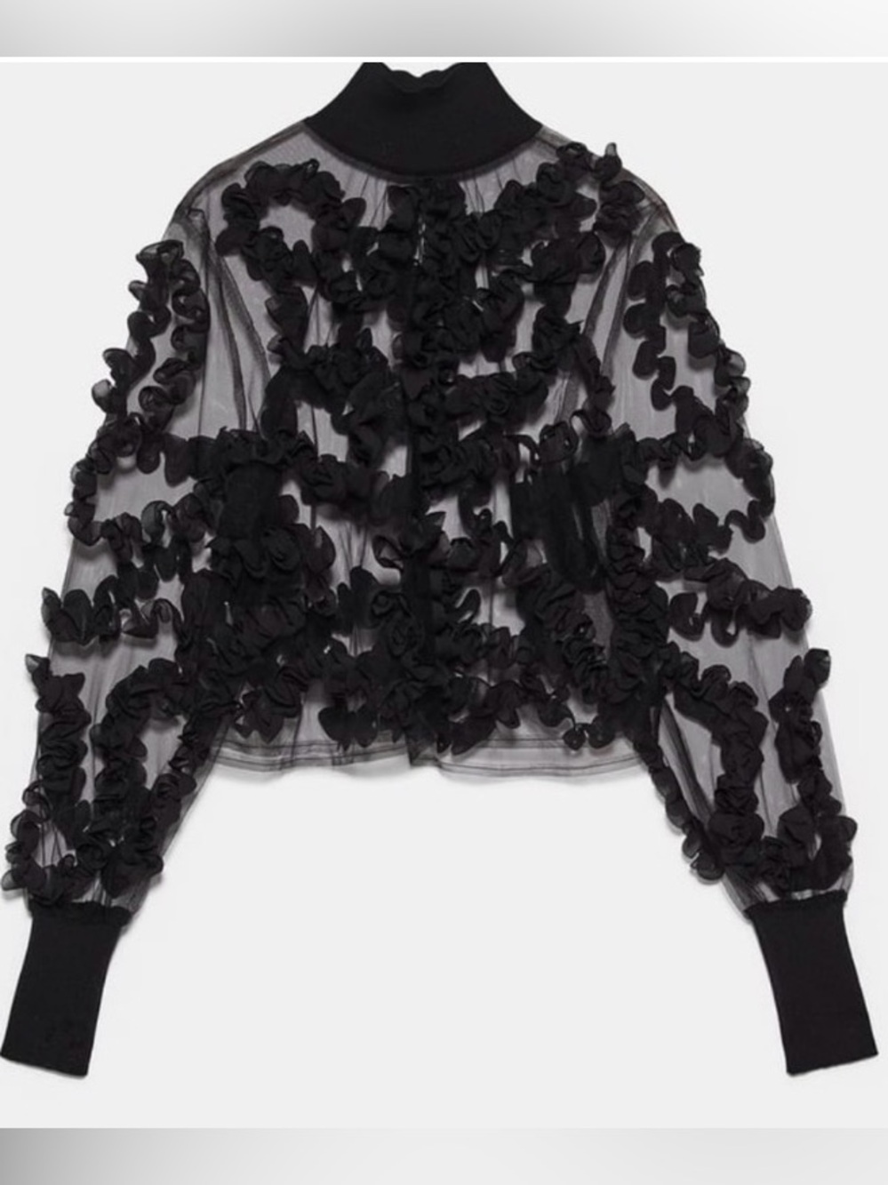 ZARA • Blogger Fav• Black Sheer Ruffle Appliqués Mesh Turtleneck Top Size Medium - Picture 3 of 8